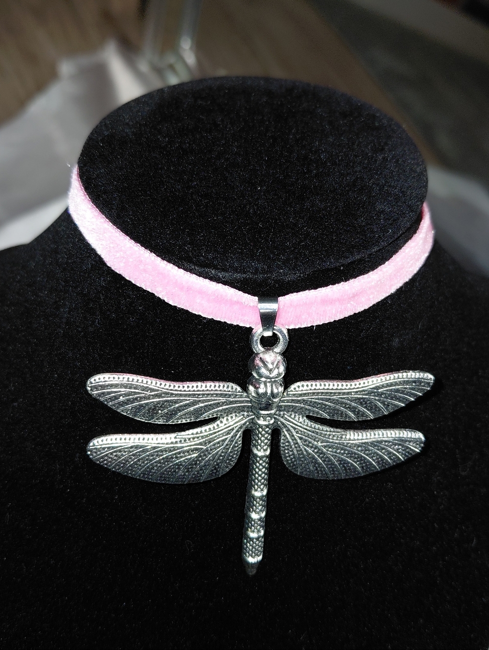 PINK Ribbon On Silver Dragonfly Pendant Choker